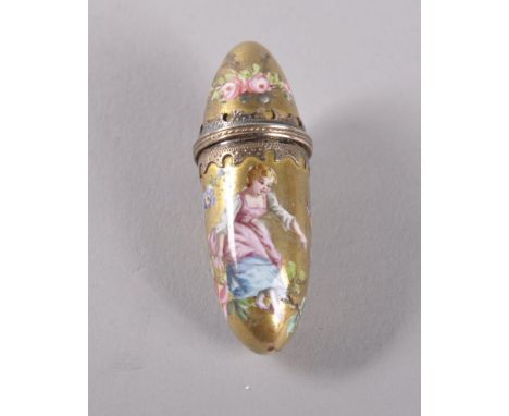 A SMALL FRENCH ENAMEL PERFUME BOTTLE on gold base, decoration of flowers, birds and a girl swinging on a branch, silver marks