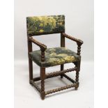 A SMALL 17TH CENTURY ITALIAN WALNUT ARMCHAIR with tapestry back and seat, on bobbin turned