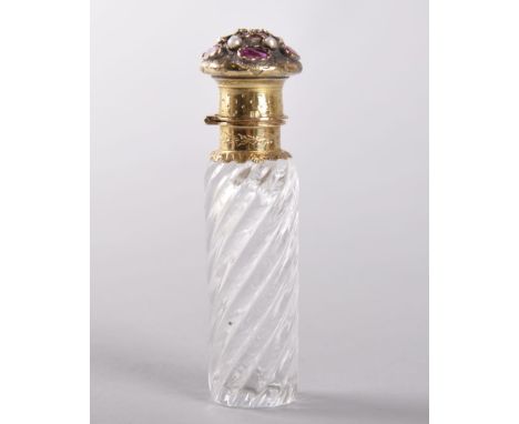 A 19TH CENTURY FRENCH CLEAR GLASS CABLE TWISTED BRONZE BOTTLE, engraved gold marks, the hinged cap set with pearls and garnet