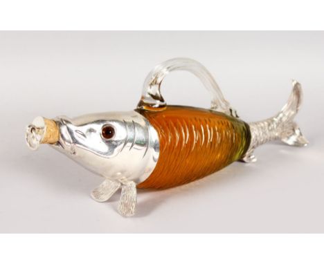 A PLATED AND AMBER COLOURED GLASS NOVELTY DECANTER, modelled as a fish. 13ins long.