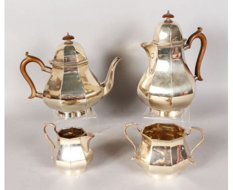 A GOOD QUEEN ANNE PATTERN FOUR PIECE TEA SET, comprising teapot and coffee pot, each with Bakelite handles and knup, matching