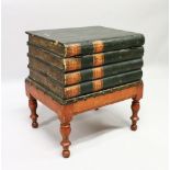 AN UNUSUAL THREE LEATHER BOOK BOX on turned legs. 1ft 5ins wide x 1ft 7ins high.