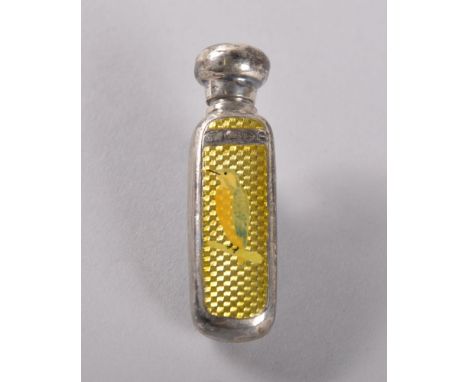 A MINIATURE SILVER AND ENAMEL SCENT BOTTLE, each side decorated with a kingfisher on a yellow ground.  Chester silver 1892.. 