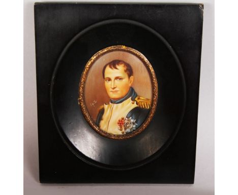 AN OVAL PORTRAIT MINIATURE OF NAPOLEON. Signed. 3ins x 2.25ins.