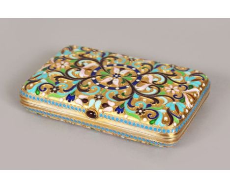 A GOOD RUSSIAN SILVER GILT AND COLOURED ENAMEL CIGARETTE CASE with cabochon clip. 4.5ins x 2.75ins.