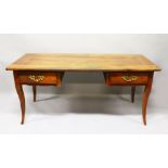 AN 18TH CENTURY FRENCH CHERRY WOOD RECTANGULAR TOP DESK, with plain top, two drawers to the kneehole