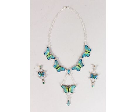 A SILVER BUTTERFLY ENAMEL NECKLACE AND EARRINGS.