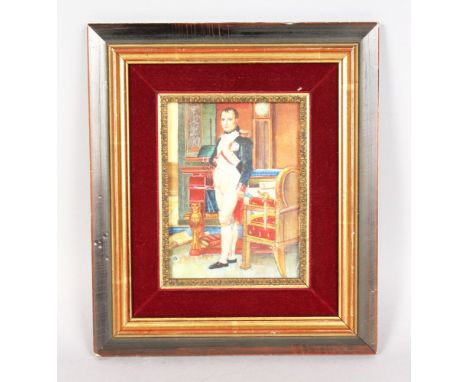 AN UPRIGHT MINIATURE OF NAPOLEON, standing beside a chair, a clock in the background. 4.5ins x 3.5ins.