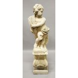 A CARVED STONE PLINTH AND CUPID DEPICTING HARVEST. 3ft 7ins high.