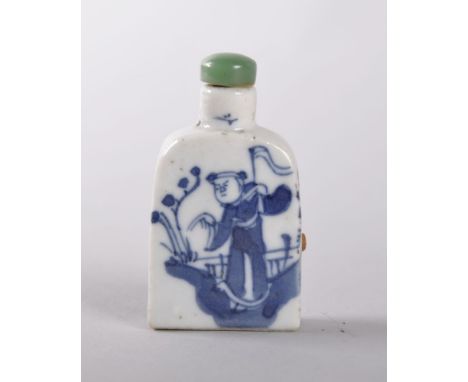 A CHINESE PORCELAIN BLUE AND WHITE SNUFF BOTTLE, decorated with a man in a garden holding a flag, with jade stopper, with Chi