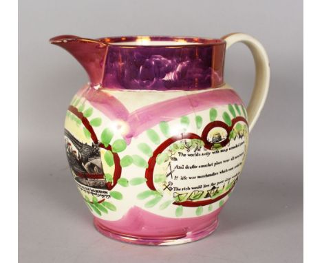 A SUNDERLAND LUSTRE JUG, with three panels "A View of The Iron Bridge, Sunderland etc.", Poem "The Worlds a City etc." and TH
