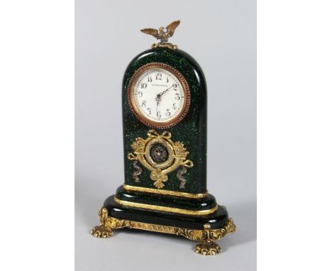 A SUPERB RUSSIAN "FABERGE" HARDSTONE AND SILVER GILT CLOCK, with white silvered dial, Numbers 1-12, St. Petersburg, the case 