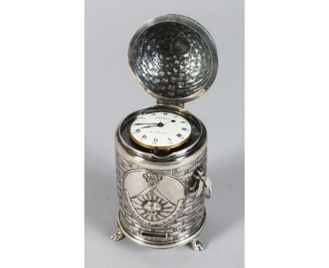 A RARE FRENCH SILVER BEEHIVE CLOCK with lift up top, opening to reveal a French watch movement SAUDRAIS A. NANTES, the sides 