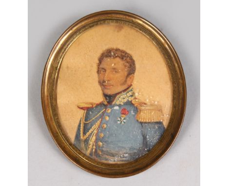 AN OVAL MINIATURE, A MILITARY PORTRAIT. 3.5ins x 3ins.  See label on reverse.