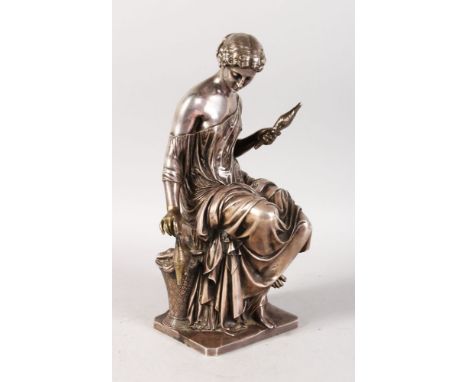 VICTOR PAILLARD (1805-1886) FRENCH CLASSICAL SEATED FEMALE FIGURE, silvered bronze. Stamped VP, Victor Paillard, Bronzier d'A