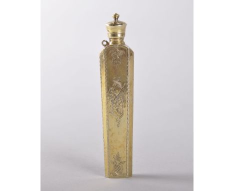 A GOOD 19TH CENTURY FRENCH SILVER  GILT ENAMEL PERFUME BOTTLE, CIRCA. 1870, engraved with musical instruments, flags and leav