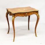 A FRENCH KINGWOOD, ORMOLU AND MARQUETRY SIDE TABLE, the serpentine outline top inlaid with floral