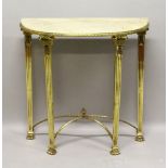 A FRENCH GILDED BTRONZE HALF MOON MARBLE TOP CONSOLE TABLE, on four legs with claw feet. 2ft 7ins