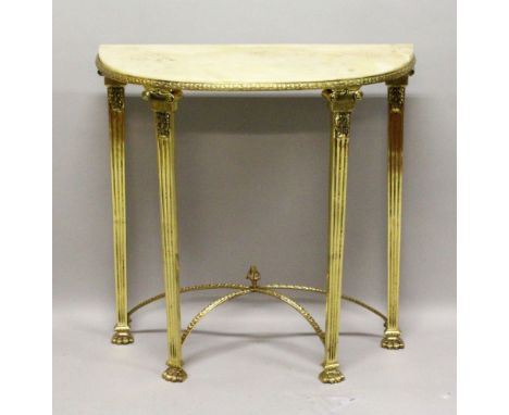 A FRENCH GILDED BTRONZE HALF MOON MARBLE TOP CONSOLE TABLE, on four legs with claw feet. 2ft 7ins wide x 2ft 9ins high.