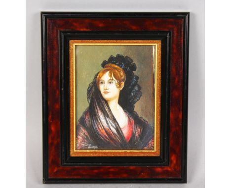 PORTRAIT HEAD AND SHOULDERS OF A SPANISH YOUNG LADY, wearing a black lace headpiece and shawl.  Signed Ducy. 4ins x 3ins.