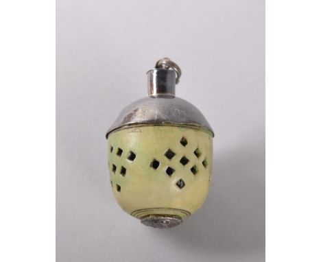 A PAINTED IVORY POMANDER with silver screw top and silver base, CIRCA. 1800, 4.5cms, Provenance: STYLES, HUNGERFORD 1982; tog