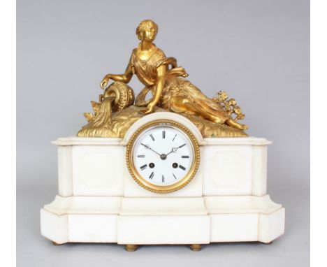 A 19TH CENTURY FRENCH WHITE MARBLE AND ORMOLU CLOCK, with eight-day movement, a classical female figure holding a shell and p