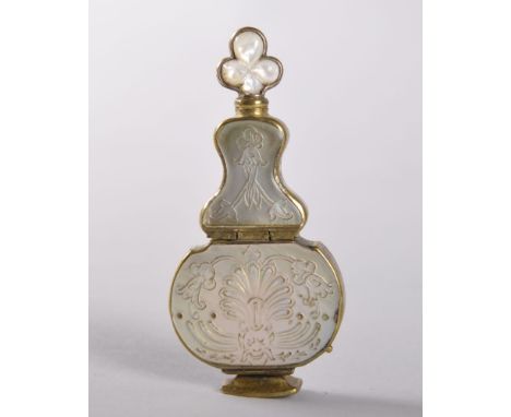 A VERY GOOD 18TH CENTURY FRENCH PERFUME BOTTLE AND COMBINED PATCH BOX, trefoil shape, engraved metal and mother-of-pearl pane