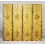 A GEORGIAN LEATHER PAINTED FOUR-FOLD SCREEN. 6ft 7ins high.