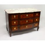 A GOOD 18TH CENTURY MAHOGANY BREAKFRONT COMMODE with marble top, three long drawers with ornate