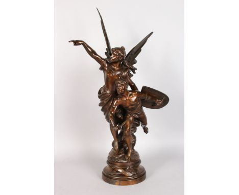 EDOUARD DROUOT (1859-1945) FRENCH "PRO PATRIA".  A SUPERB CLASSICAL BRONZE with a winged angel and young man carrying a sword
