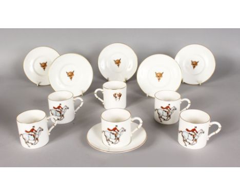 A SET OF SIX ROYAL WORCESTER FOX HUNTING COFFEE CANS.