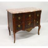 A GOOD 18TH CENTURY FRENCH MARQUETRY TWO DRAWER BREAKFRONT COMMODE, with marble top, ormolu
