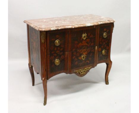 A GOOD 18TH CENTURY FRENCH MARQUETRY TWO DRAWER BREAKFRONT COMMODE, with marble top, ormolu mounts, on curving legs. 3ft 1ins
