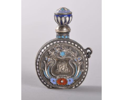 A GOOD RUSSIAN SILVER AND CHAMPLEVE ENAMEL PERFUME BOTTLE AND STOPPER with screw top, the body engraved JEB, enamelled with f