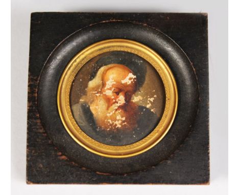 A CIRCULAR MINIATURE, OLD MASTER OIL. 2.25ins diameter.  (Flaking).