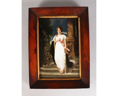 A VERY GOOD, POSSIBLY BERLIN, UPRIGHT PORTRAIT PLAQUE, portrait of Princess Louisa in a white dress, standing on steps before