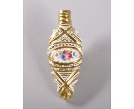 AN EARLY 19TH CENTURY PARIS PORCELAIN GILDED FLASK SHAPED PERFUME BOTTLE, painted with vignettes of flowers.  6.5cms. Provena