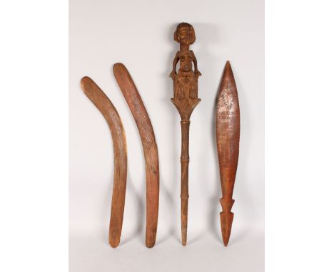 TWO BOOMERANGS, SAMOA POLYNESIAN CLUB AND AFRICAN STICK (4).