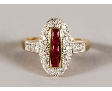 A 9CT GOLD, CALIBRE CUT RUBY AND DIAMOND DECO TYPE RING.