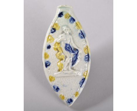 AN EARLY PRATTWARE BALUSTER SHAPED SCENT BOTTLE, CIRCA. 1800-1810, with zephyr decoration in yellow and blue, on a white back