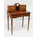 AN UNUSUAL 19TH CENTURY FRENCH MAHOGANY BONHEUR DU JOUR, the upper section with a clock, flanked