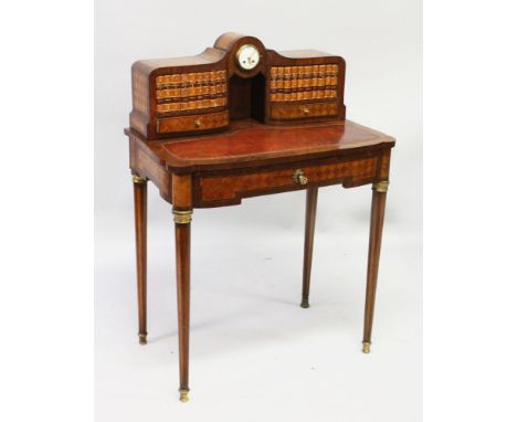 AN UNUSUAL 19TH CENTURY FRENCH MAHOGANY BONHEUR DU JOUR, the upper section with a clock, flanked by a pair of doors with book