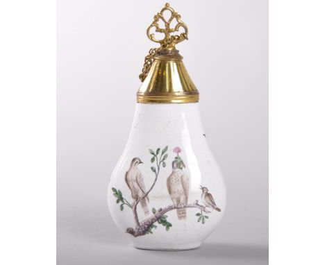 A VERY GOOD 18TH CENTURY GERMAN ENAMEL PERFUME BOTTLE, with gilt metal stopper and chain, the white enamel ground painted wit