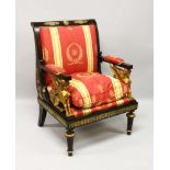 A GOOD EMPIRE MAHOGANY AND CARVED GILT ARMCHAIRS with sphinx handles and anthemion.