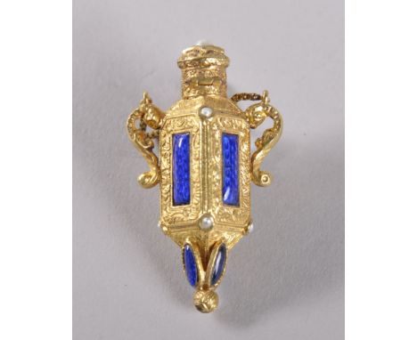 A SUPERB MINIATURE ENGLISH SILVER GILT AND BLUE ENAMEL PERFUME BOTTLE, CIRCA. 1840, with ring and suspension chain, lantern s