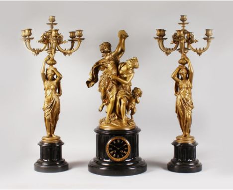 A GOOD 19TH CENTURY FRENCH CLOCK GARNITURE, the black marble column shaped base surmounted with classical ormolu female figur