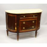 A 19TH CENTURY MAHOGANY FRENCH DEMI-LUNE COMMODE with marble top, with three long drawers and