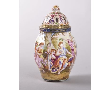 A VERY GOOD 19TH CENTURY VIENNA ENAMEL PERFUME BURNER AND COVER, enamel on copper with pastoral scenes.  8.5cms high. Provena