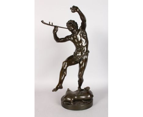 EUGENE LEQUESNE (1815-1887) FRENCH A CLASSICAL BRONZE FAUN, standing on one leg and blowing a pipe. Signed E. LEQUESNE, SUISS