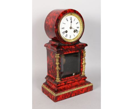 A 19TH CENTURY TORTOISESHELL AND GILT METAL MOUNTED MARBLE CLOCK, with eight-day movement, striking on a single bell, white e